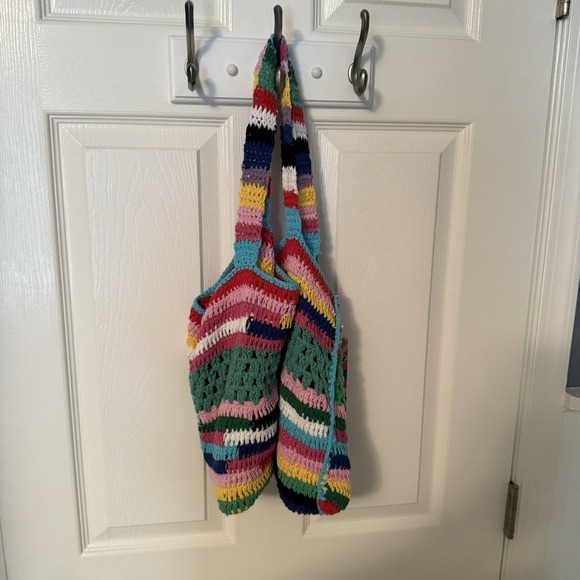 Celia B Rainbow Stripe Crochet Tote Purse Handbag Shoulder Bag Boho Festival NWT - Picture 4 of 12